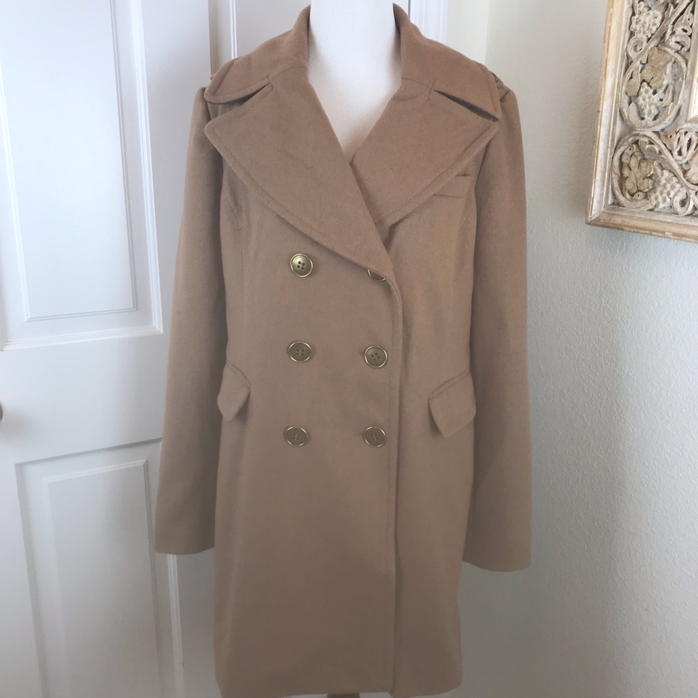 Kenneth Cole Wool Pea Coat Dress Length Tan 12
